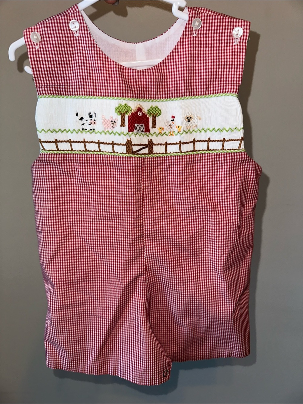 Lulu Bebe Shortall Kids 12M Red Like New Smocked Gingham Farm Animal Romper